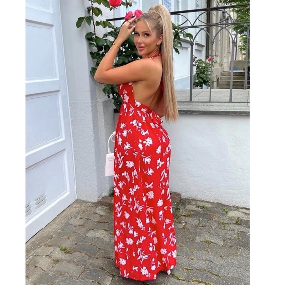 Red Floral Print Sleeveless V-Neck Halter Neck Backless Cutout Slit Maxi Dress - Picture 3 of 16